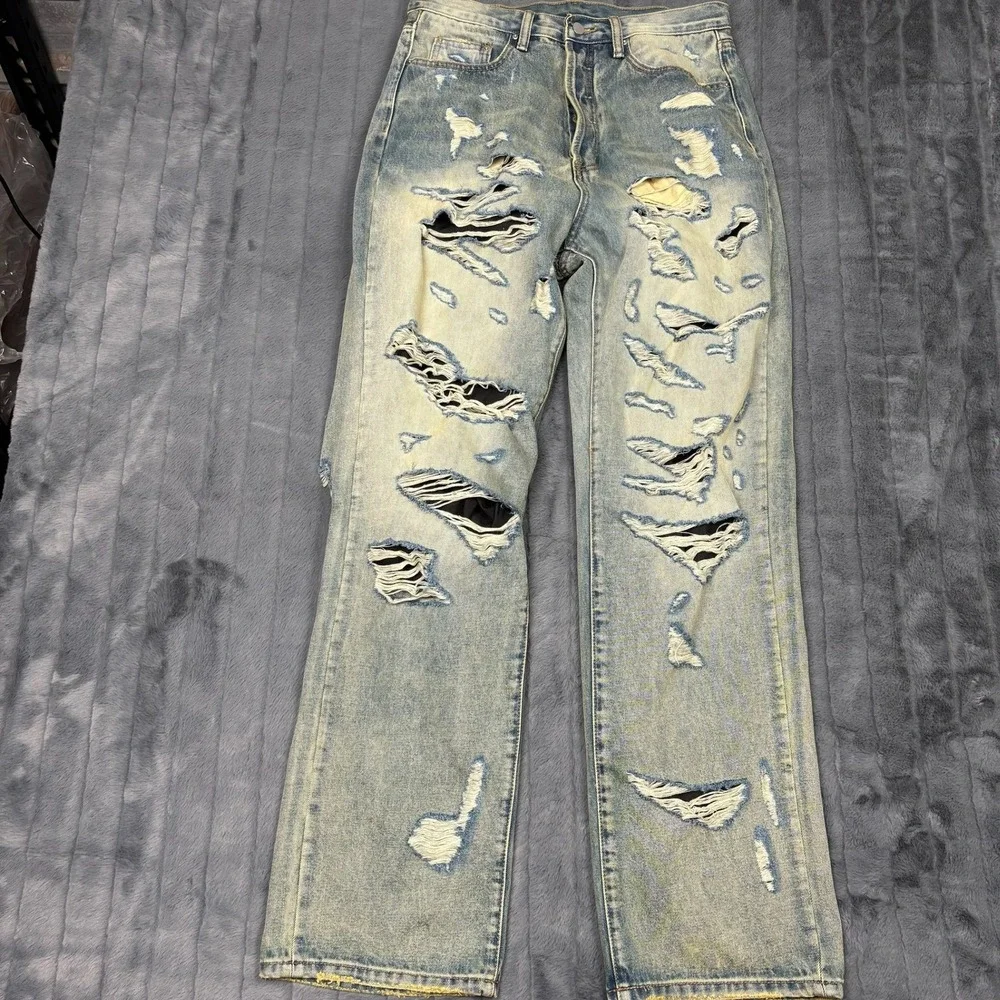 MNML Mens Distressed Relaxed Fit Denim Jeans Light Wash Ripped Size 30 RN139488